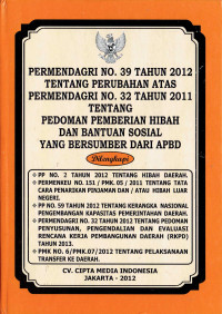 Permendagri No. 39 Tahun 2012 tentang Perubahan Atas Permendagri Nomor 32 Tahun 2011 tentang Pedoman Pemberian Hibah dan Bantuan Sosial yang Bersumber dari APBD 
Dilengkapi: PP No 2 Tahun 2012 tentang Hibah Daerah; Permenkeu No. 151/PMK. 05/2011 tentang Tata Cara Penarikan Pinjaman dan/atau Hibah Luar Negeri; PP No. 59 Tahun 2012 tentang Kerangka Nasional Pengembangan Kapasitas Pemerintahan Daerah; Permendagri No. 32 Tahun 2012 tentang Pedoman Penyusunan, Pengenadalian dan Evaluasi Rencana Kerja Pembangunan Daerah (RKPD) Tahun 2013; PMK No. 6/PMK.07/2012 Tentang Pelaksanaan Transfer Ke Daerah.