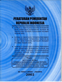 Peraturan Pemerintah Republik Indonesia
- Nomor 11 Tahun 2002 Tentang Perubahan Atas Peraturan Pemerintah Nomor 98 Tahun 2000 Tentang Pengadaan Pegawai Negeri Sipil
- Nomor 12 Tahun 2002 Tentang Perubahan Atas Peraturan Pemerintah Nomor 99 Tahun 2000 Tentang Kenaikan Pangkat Pegawai Negeri Sipil
- Nomor 13 Tahun 2002 Tentang Perubahan Atas Peraturan Pemerintah Nomor 100 Tahun 2000 Tentang Pengangkatan Pegawai Negeri Sipil dalam Jabatan Struktural
DIlengkapi : 
Keputusan Kepala Lembaga Administrasi Negara Tentang Pedoman Umum Pendidikan dan Pelatihan Jabatan Pegawai Negeri Sipil