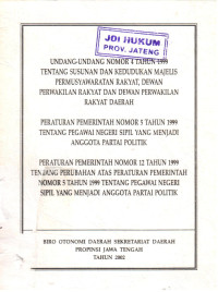 Undang-Undang Nomor 4 Tahun 1999 Tentang Susunan dan Kedudukan Majelis Permusyawaratan Rakyat, Dewan Perwakilan Rakyat dan Dewan Perwakilan Rakyat Daerah
Peraturan Pemerintah Nomor 5 Tahun 1999 Tentang Pegawai Negeri SIpil yang Menjadi Anggota Partai Politik
Peraturan Pemerintah Nomor 12 Tahun 1999 Tentang Perubahan Atas Peraturan Pemerintah Nomor 5 Tahun 1999 Tentang Pegawai Negeri Sipil yang Menjadi Anggota Parta Politik