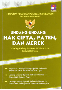 Undang-Undang Hak Cipta, Paten, dan Merek: Undang-Undang RI Nomor 28 Tahun 2014 tentang Hak Cipta; Penjelasan Undang-Undang Republik Indonesia Nomor 28 Tahun 2014 tentang Hak Cipta; Undang-Undang Republik Indonesia Nomor 13 Tahun 2016 tentang Paten; dan Undang-Undang Republik Indonesia Nomor 20 tahun 2016 tentang Merek dan Indikasi Geografis.